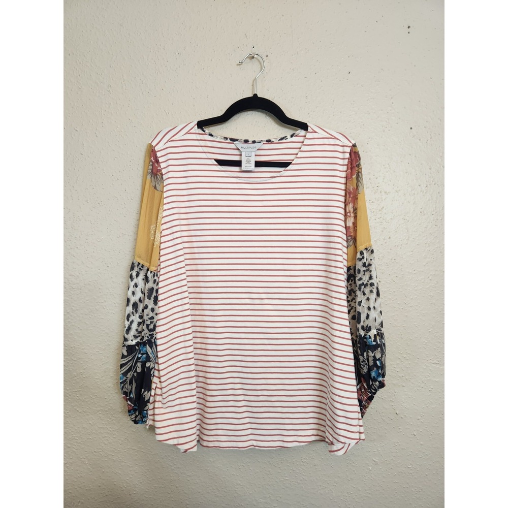 Multiples Women's Red White Striped Round Neck Balloon Sleeve Blouse Size‎ Large